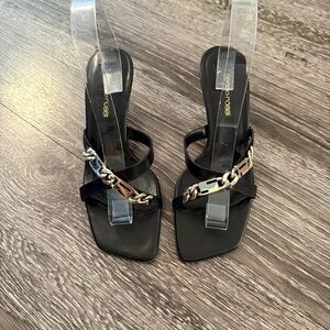 Sergio Rossi Vintage Gold Chain Monogram Strap Kitten Heel